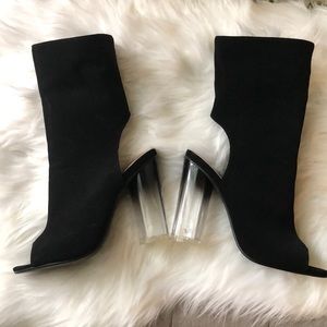 Black open toe clear heel booties
